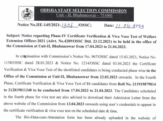 OSSC WEO 2023 Phase 4 Interview Schedule Out for Welfare Extension Officer