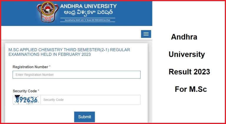 Andhra University M.Sc. Applied Chemistry 3re Sem Results 2023 Out, Download Here