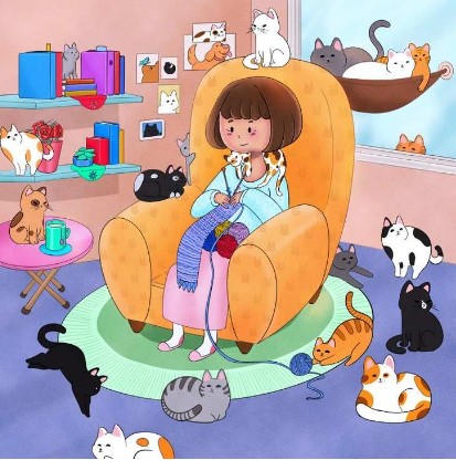 Brain Teaser To Test Your IQ: A Knitting Girl With Cats, Find The Dog Among Them