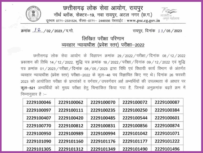 CGPSC Civil Judge Prelims Result 2023 (Out) Download Psc.cg.gov.in