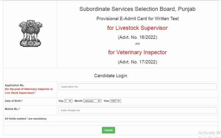 PSSSB Live stock Supervisor Admit Card 2023