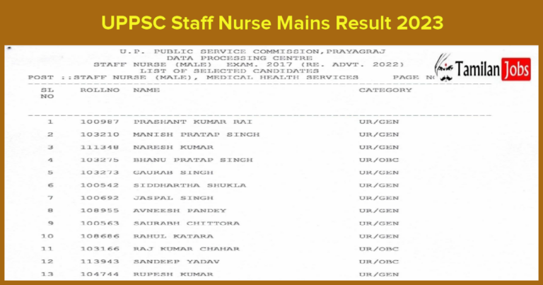 UPPSC Staff Nurse Mains Result 2023