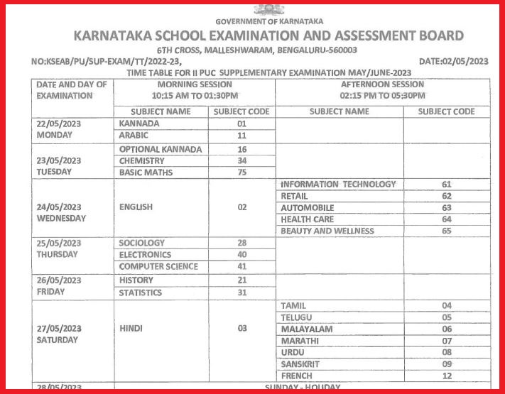 Karnataka 2nd PUC Supplementary Exam Time Table 2023