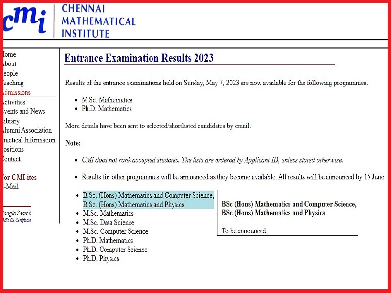 CMI Entrance Exam Result 2023