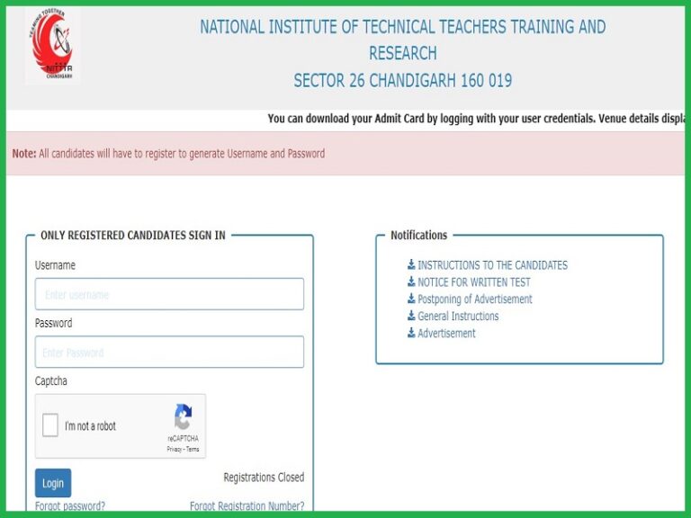 NITTTR Chandigarh Non-Teaching Admit Card 2023