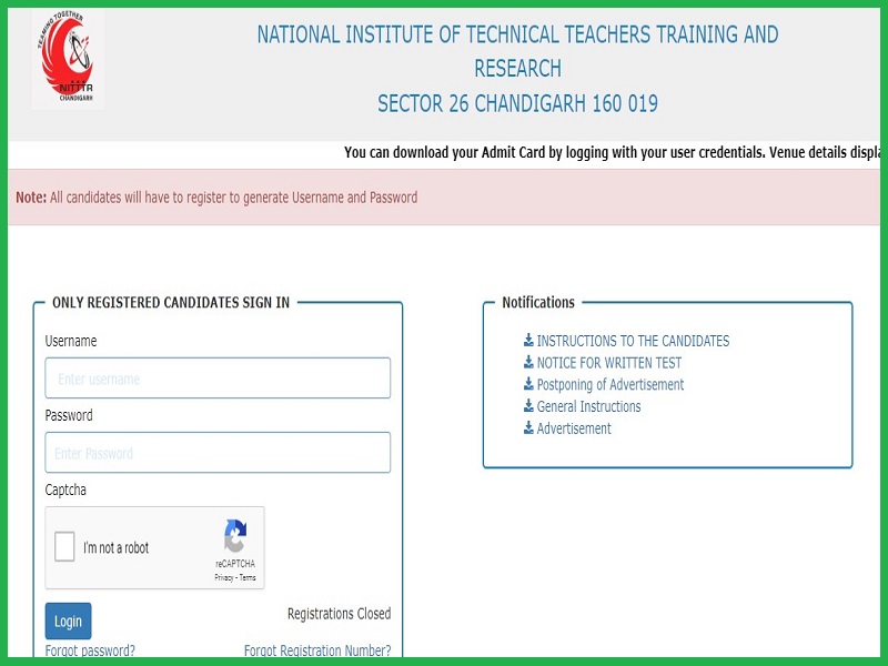 NITTTR Chandigarh Non-Teaching Admit Card 2023