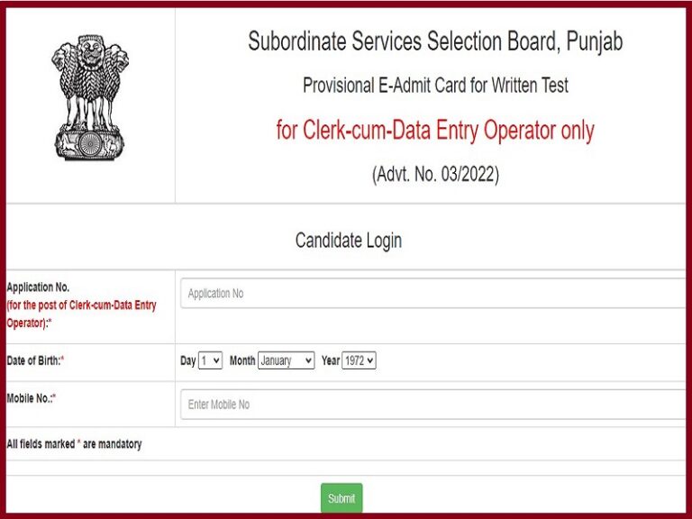 Punjab SSSB Clerk Admit Card 2023