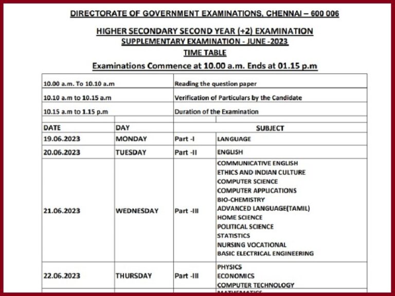 TN Class 12 Supplementary Exam Time Table 2023