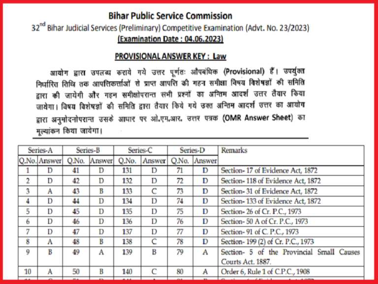 BPSC 32nd Judiciary Services Answer Key 2023