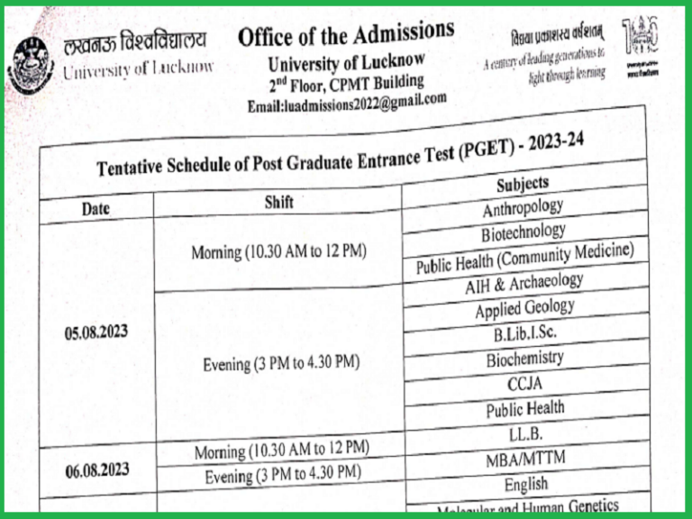 Lucknow University PG Entrance Exam Schedule 2023