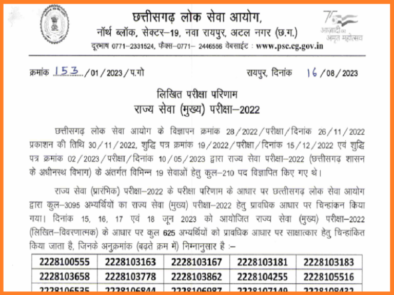 CGPSC State Service Mains Result 2023 (Out) Check Cut-Off Marks
