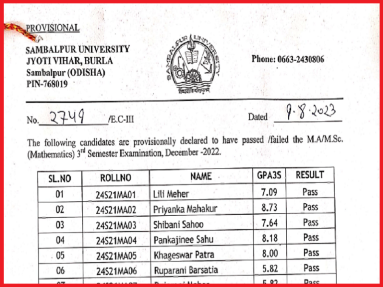 Sambalpur University 3rd Sem Maths Result 2023