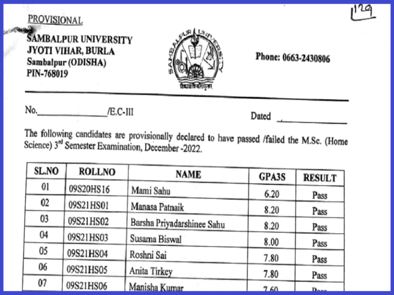 Sambalpur University 3rd Sem Result 2023