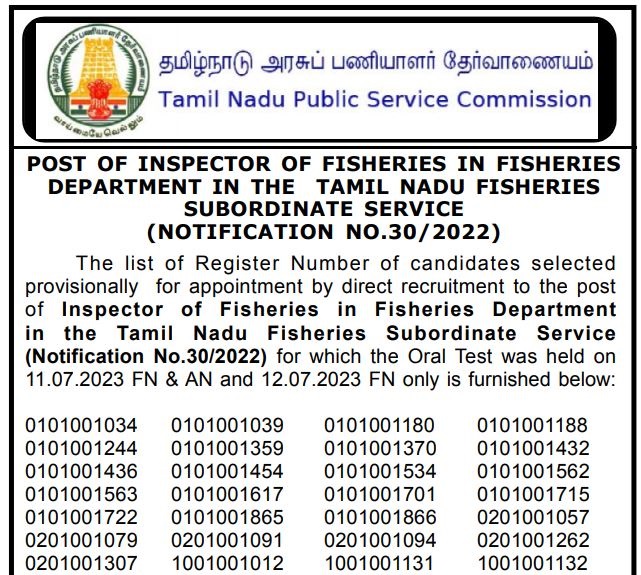 TNPSC Sub Inspector of Fisheries Result 2023