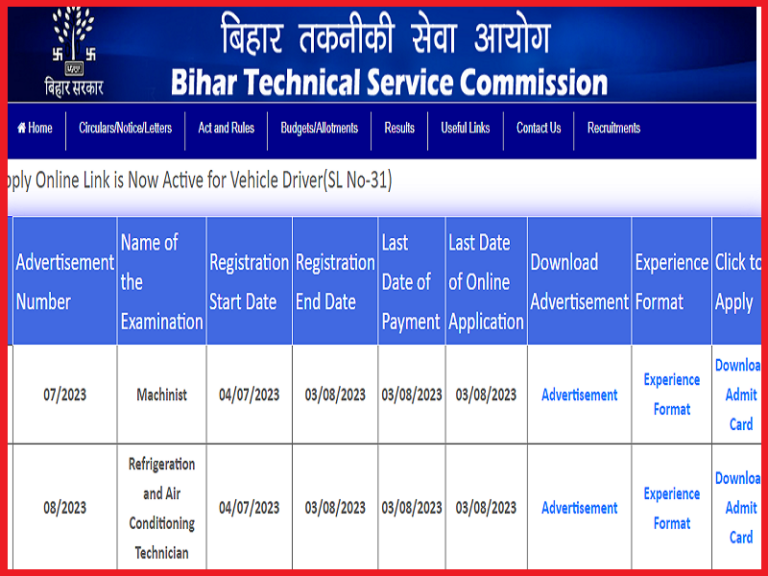 BTSC Bihar ITI Instructor Admit Card 2023