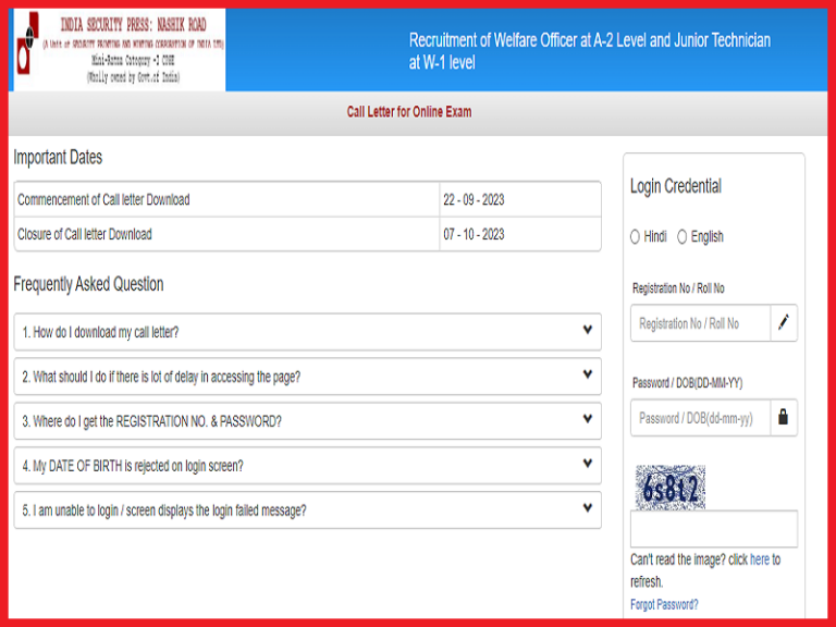 India Security Press Nashik Admit Card 2023