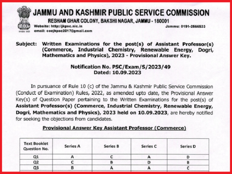 JKPSC Assistant Professor Answer Key 2023 (Out) Download Exam Key