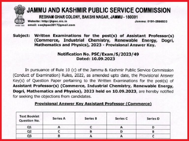 JKPSC Assistant Professor Answer Key 2023