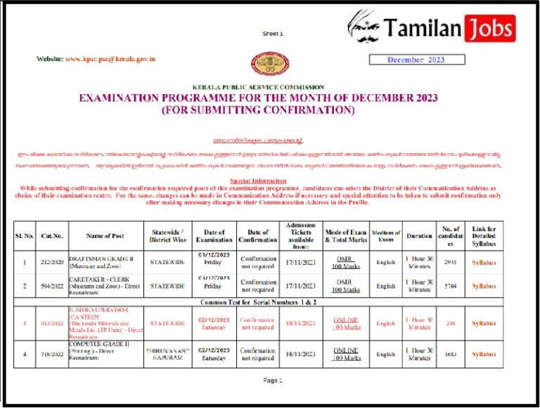 Kerala PSC Exam Calendar December 2023 PDF