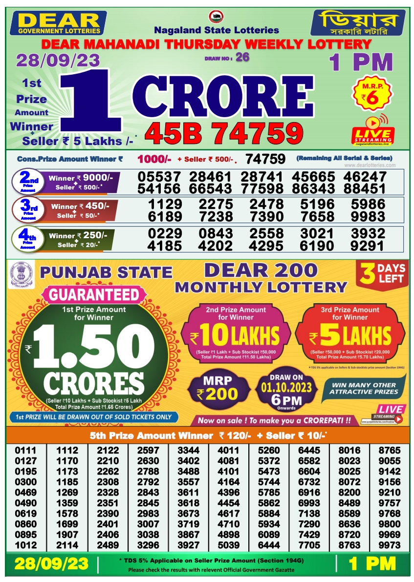 Lottery Sambad Today 28.9.2023 Result, 1Pm, 6Pm, 8Pm Live