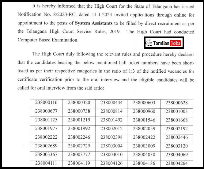 TS High Court System Assistant Merit List 2023