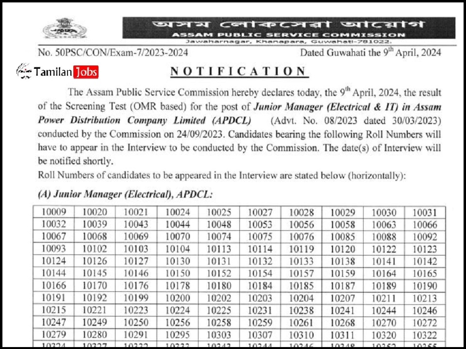 APSC Junior Manager Result 2024