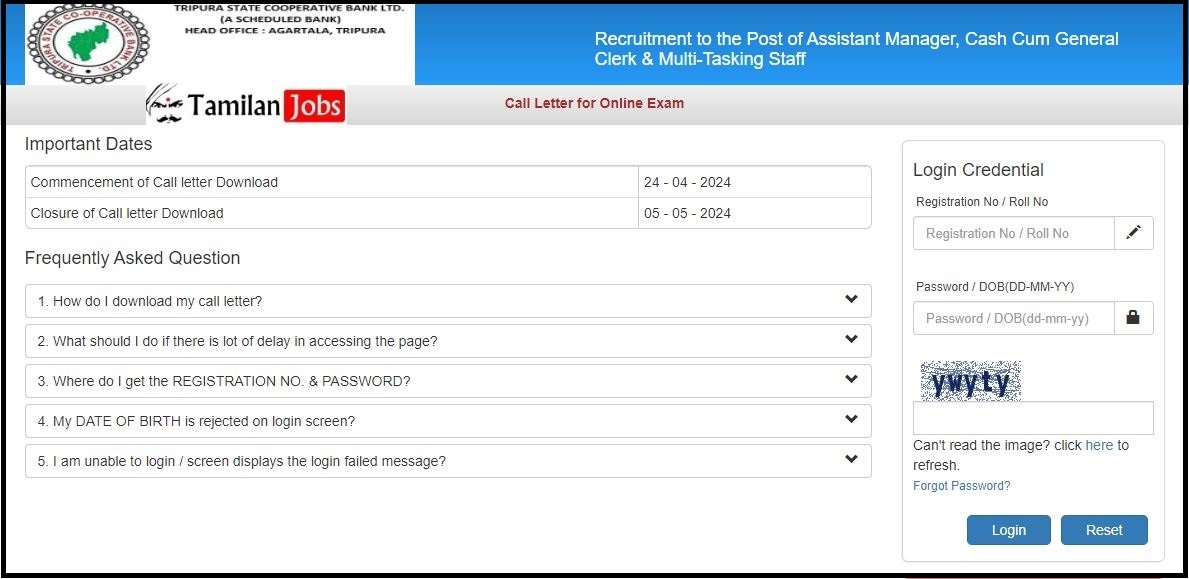Tripura State Cooperative Bank Admit Card 2024 